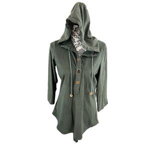 Gretchen Scott Ultra Suede Hooded Popover Button Front Top